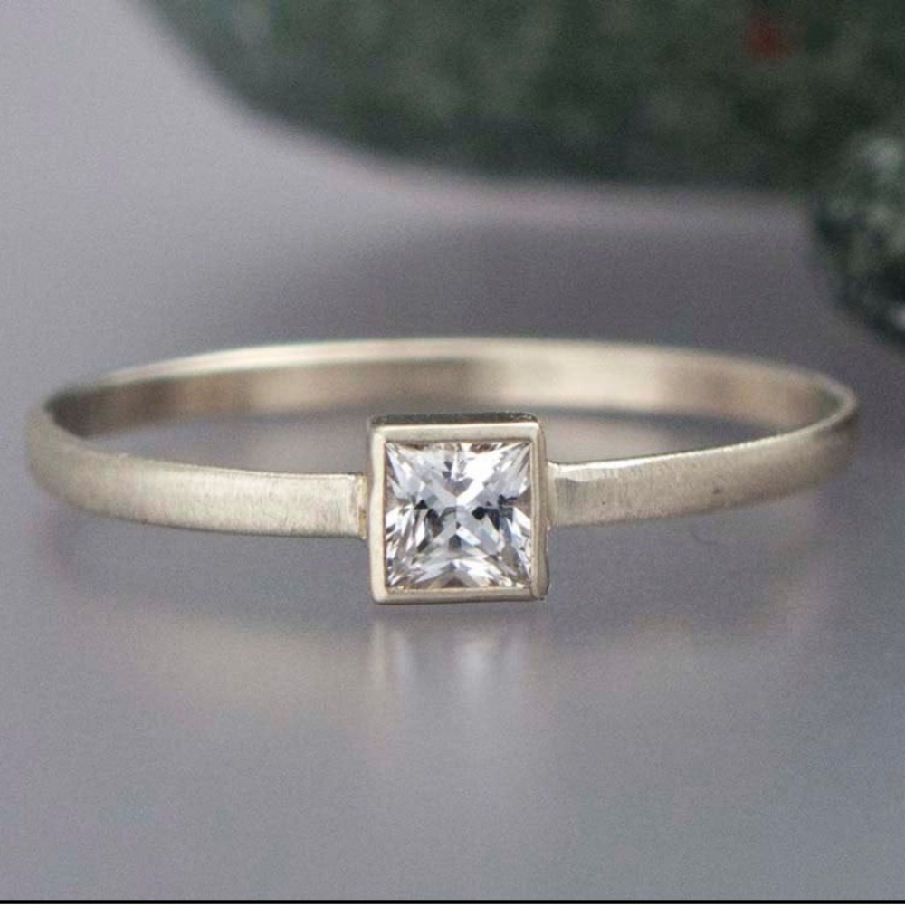 White Sapphire and White Gold Princess Cut Engagement Ring